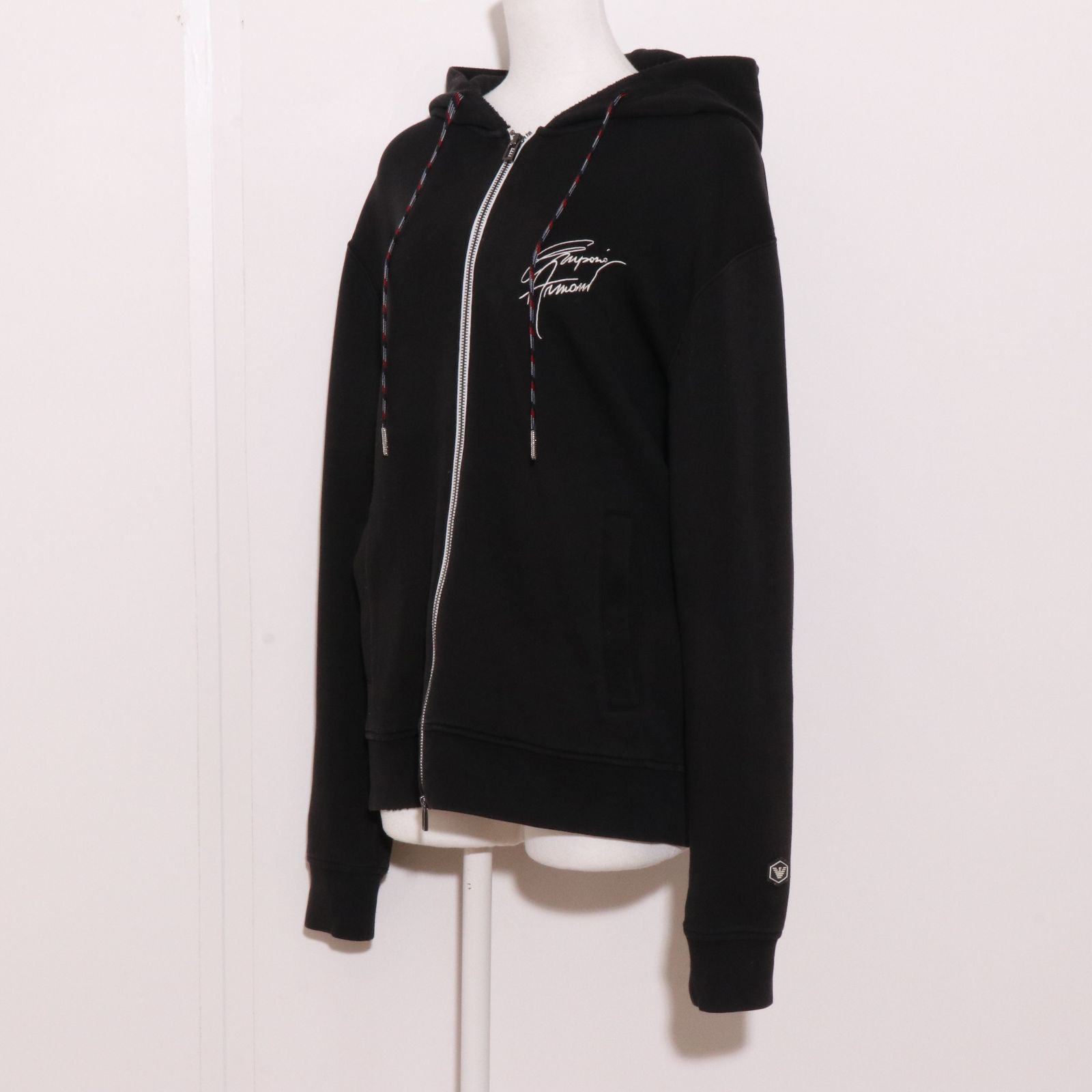 訳あり EMPORIO ARMANI エンポリオアルマーニ トップス パーカー 長袖 ロゴ 刺繍 フルジップ ポケット付き 綿混 ブラック H2338-00 送料無料 古着 レディース