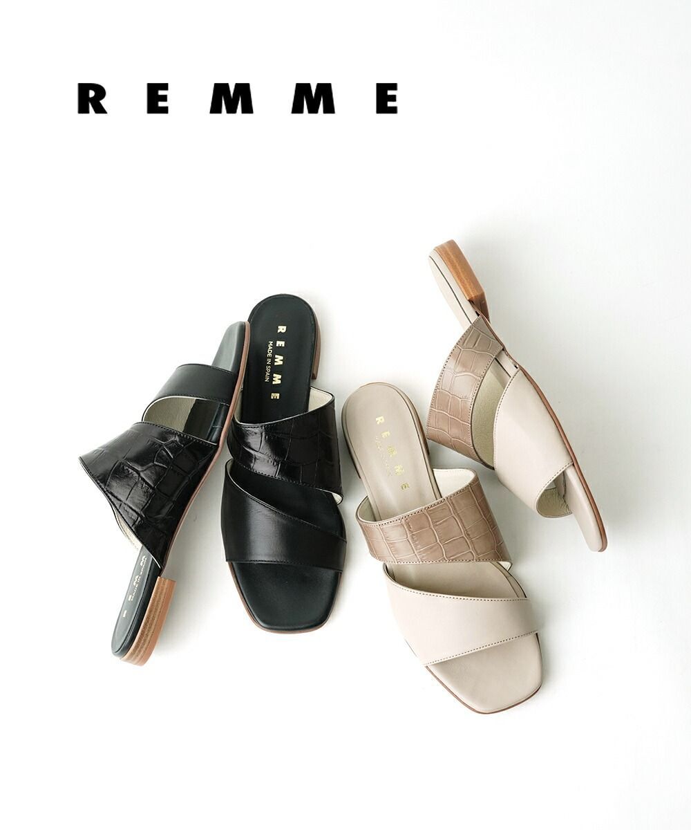 レメ REMME サンダル ストラップサンダル フラットサンダル 靴 レディース レザー 型押し ダブルストラップ ベージュ ブラック 23.0cm 23.5cm 24.0cm ぺたんこ HE-352-SOIN-0242101 レディース D-1 ◎
