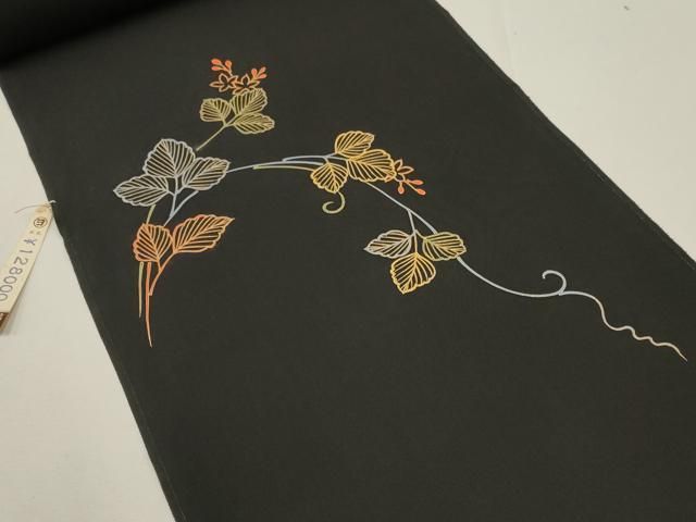 蘇州刺繍　反物　羽尺 平和屋着物▽羽織 反物 羽尺 刺繍 蔦草花文 黒地 金彩 丹後