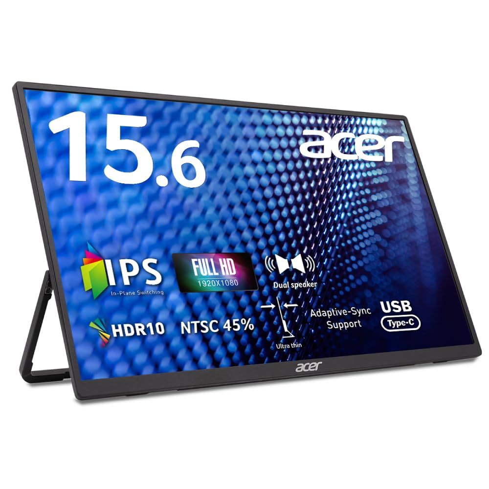 Acer モバイルモニター 15.6インチ フルHD IPS 非光沢 700g 超薄型 Adaptive-Sync HDR10 mini HDMI 2.0 USB-C デュアルスピーカー 3段階チルト調整 NTSC 45 6ms GTG 60Hz ブ