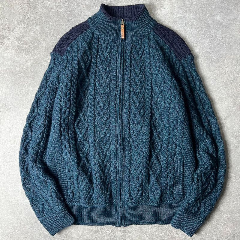 アイルランド製 aran crafts メリノ ウール フルジップ フィッシャーマン ニット セーター L / アラン ドライバーズ カーディガン