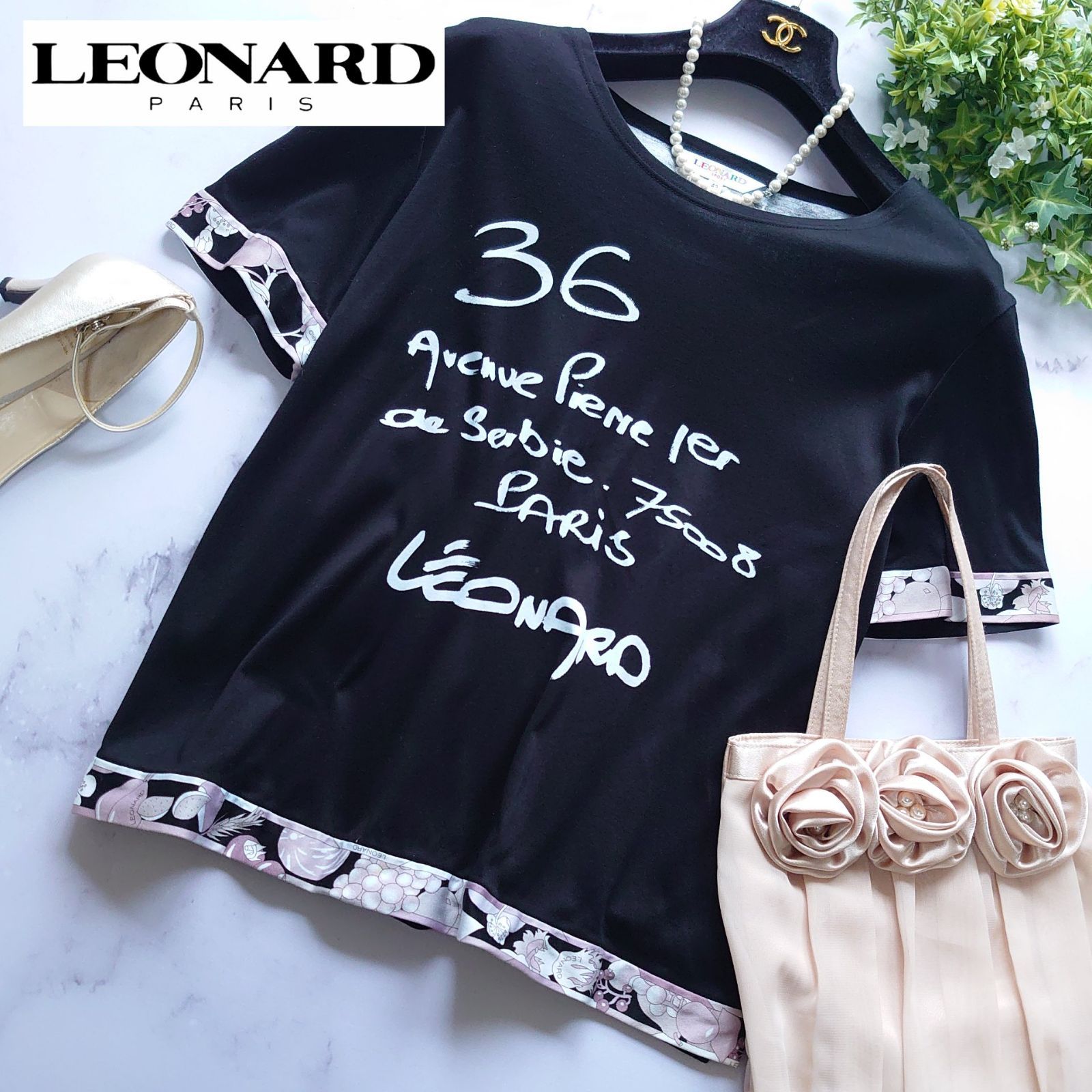 サイズ42 XL相当 LEONARD SPORT レオナールスポーツ トリム ロゴプリント トップス 花柄 フラワー 半袖 黒 ブラック コットン プルオーバー カットソー ブラウス Tシャツ レディース