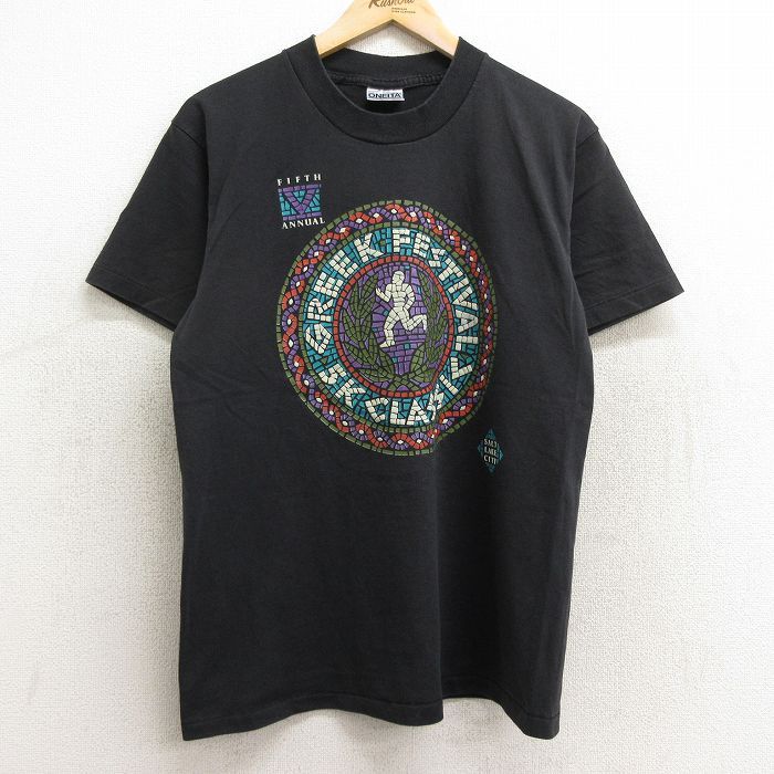 M/古着 オニータ ONEITA 半袖 ビンテージ Tシャツ メンズ 90s マラソン GREEK フェスティバル クルーネック 黒 ブラック 24jun21 中古