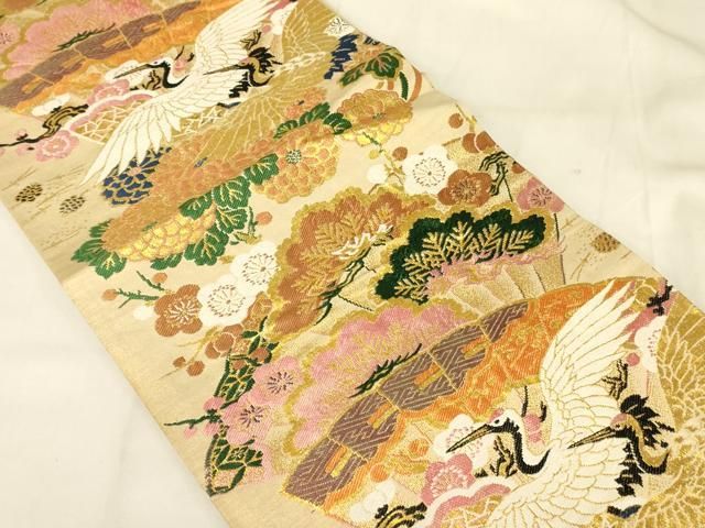 平和屋着物◎アンティーク 大正ロマン 丸帯 飛鶴花文 金糸 正絹 逸品