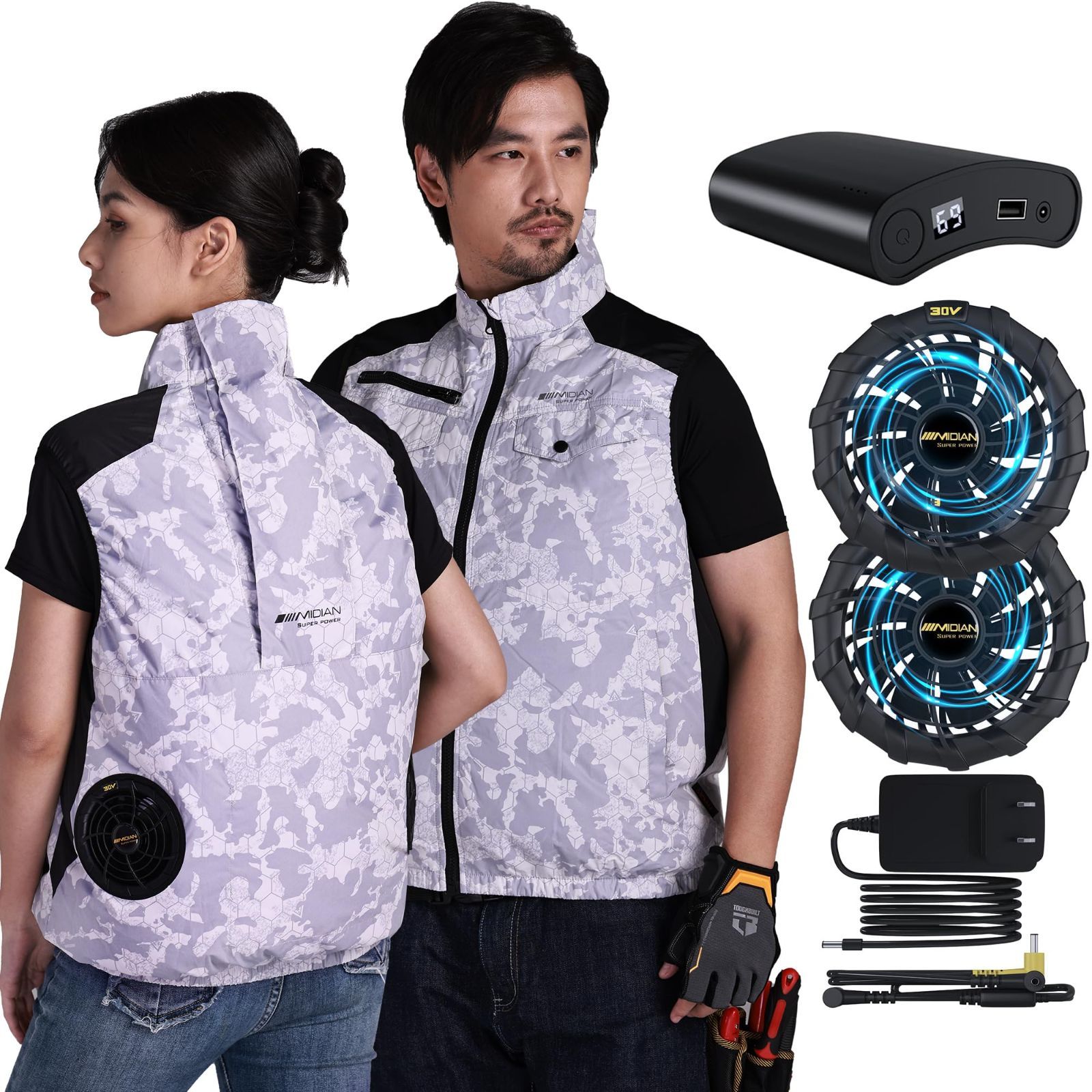 2024最新版ファン付き作業服  バッテリー ファンセット 16V高出力 大容量 MIDIAN] 空調作業服2024新登場 業界最強30V超高出力 138L⁄S爆風