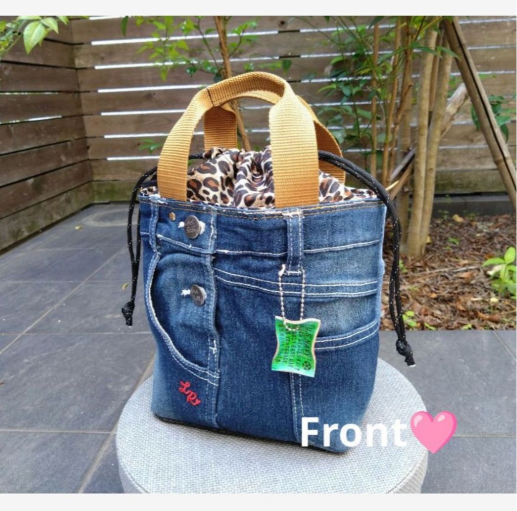 №729【DENIM✖️パッチワーク🩷Leopard 巾着ToteBAG⚮̈ 】デニム