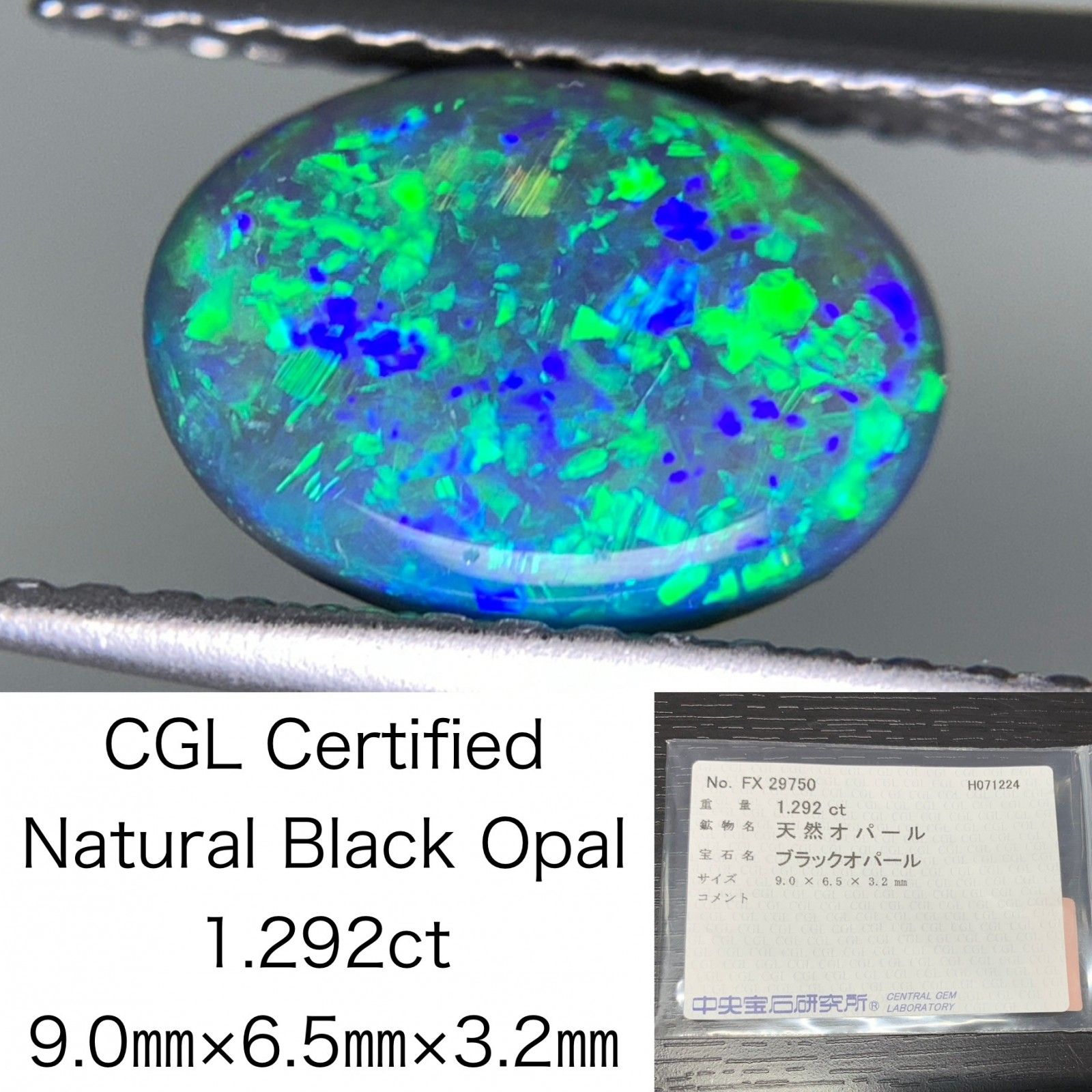 ブラックオパール 1.292ct 宝石ソーティング付き  9.0×6.5×3.2  ルース（ 裸石 ） 2230Y
