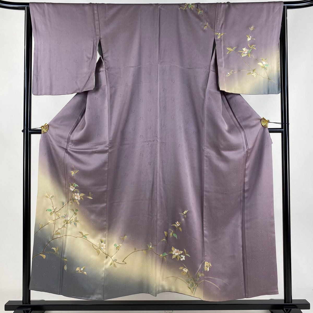 訪問着 身丈153.5cm 裄丈65.5cm M 袷 枝花 地紋 金彩 ぼかし 紫 正絹 秀品