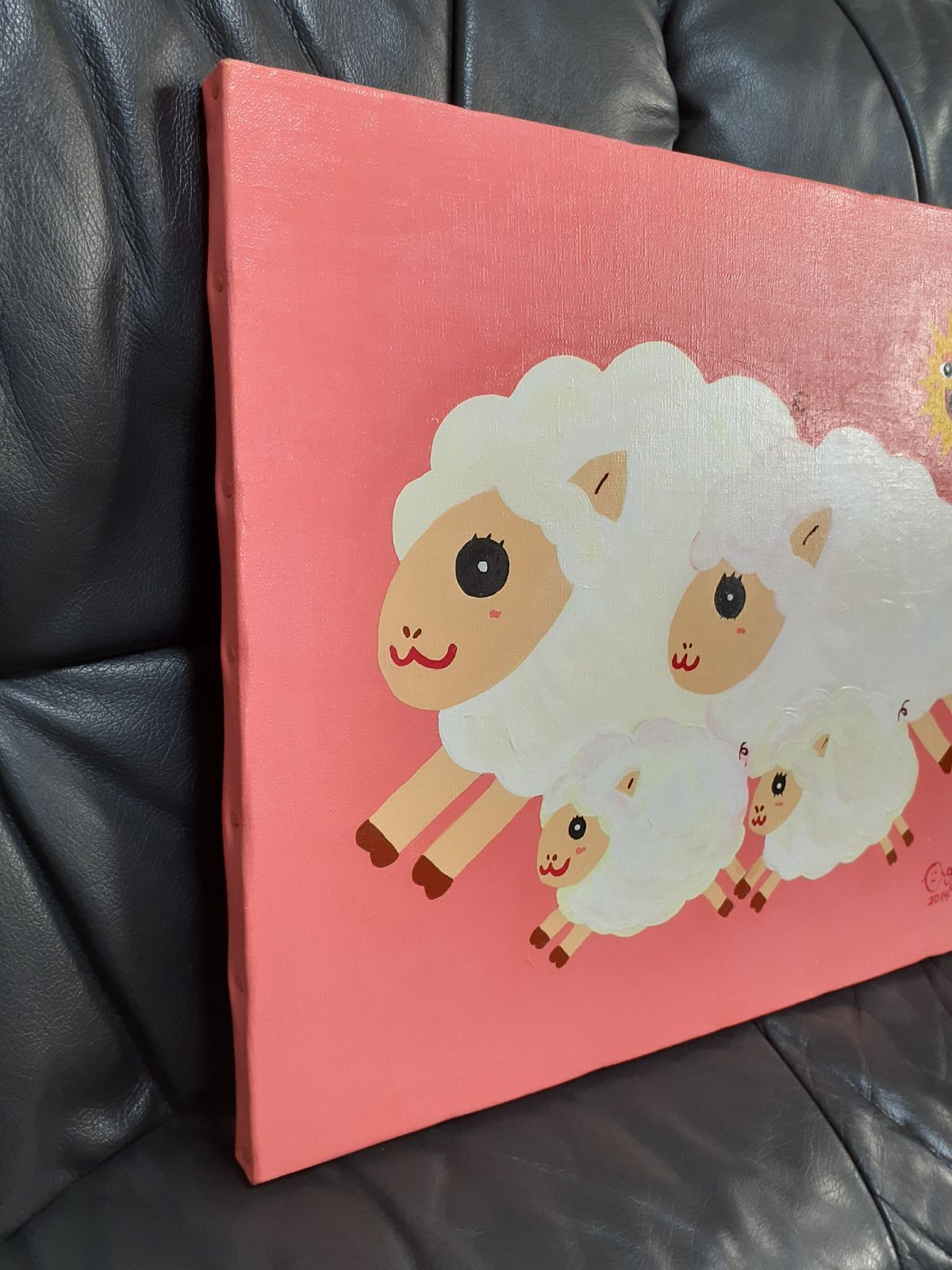ハッピー羊ファミリー　画家　小楠アキコ作品　F8号サイズキャンバス　アクリル絵具 ハッピー羊ファミリー 画家 小楠アキコ作品 F8号サイズ
