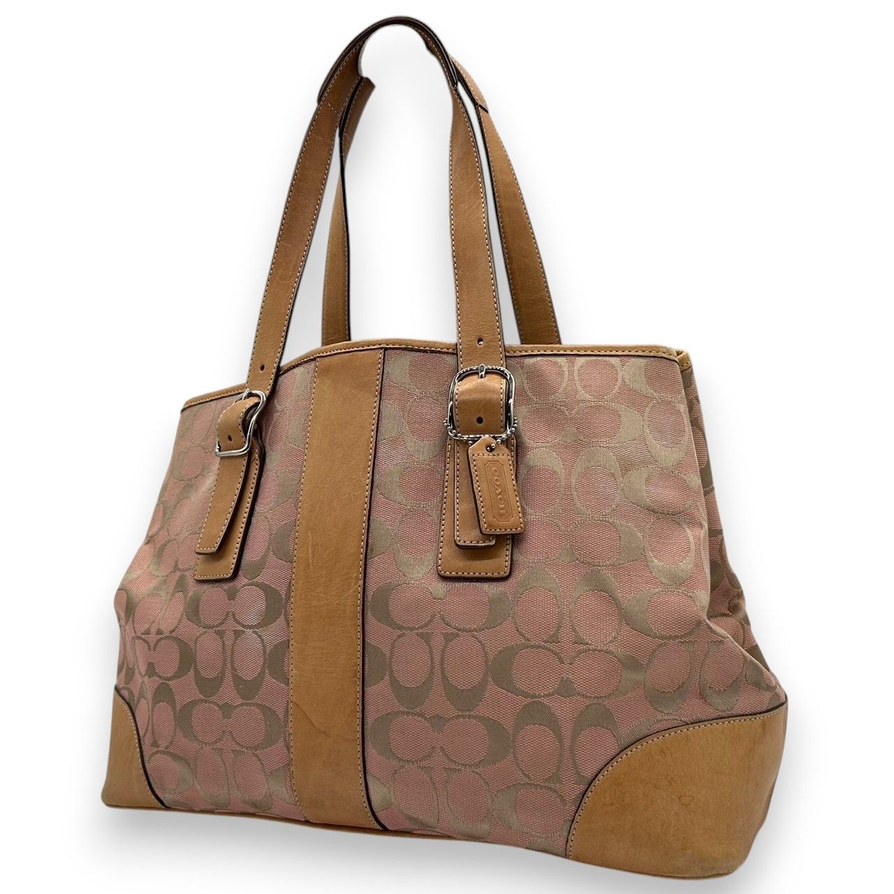 コーチ トートバッグ 6337 シグネチャー レディース COACH キャンバス レザー ピンク ベージュ 人気モデル 大容量 A4収納可 肩掛け 通勤 通学 クラシック エレガント チャーム付 クリーニング済み s49