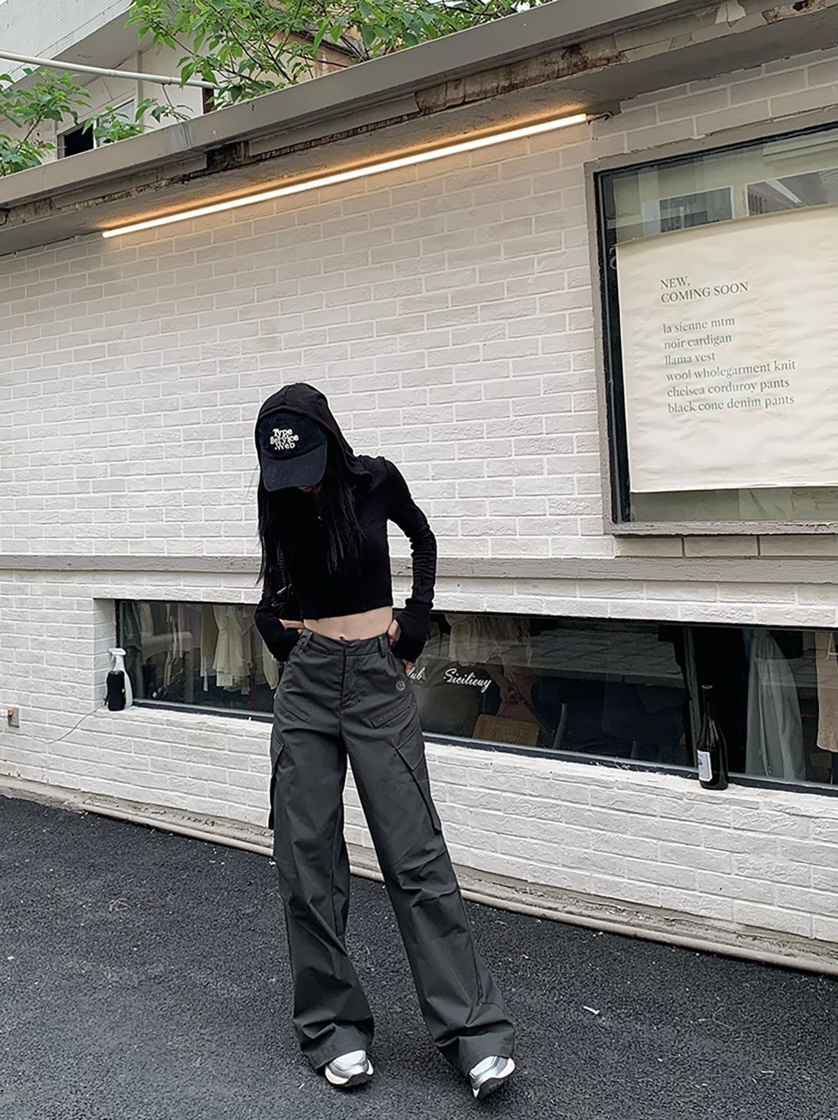 新しいダークグレーアメリカンスウィートクールハイウエストストレートレッグワークパンツ女性デザインスリムカジュアルパンツ
