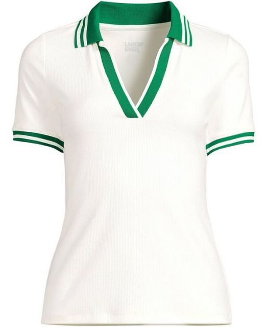売れ筋商品|||ランズエンド カットソー トップス レディース Plus Size Wide Rib Polo Shirt Ivory/vibrant clover 送料無料】 ランズエンド レディース シャツ トップス Women's