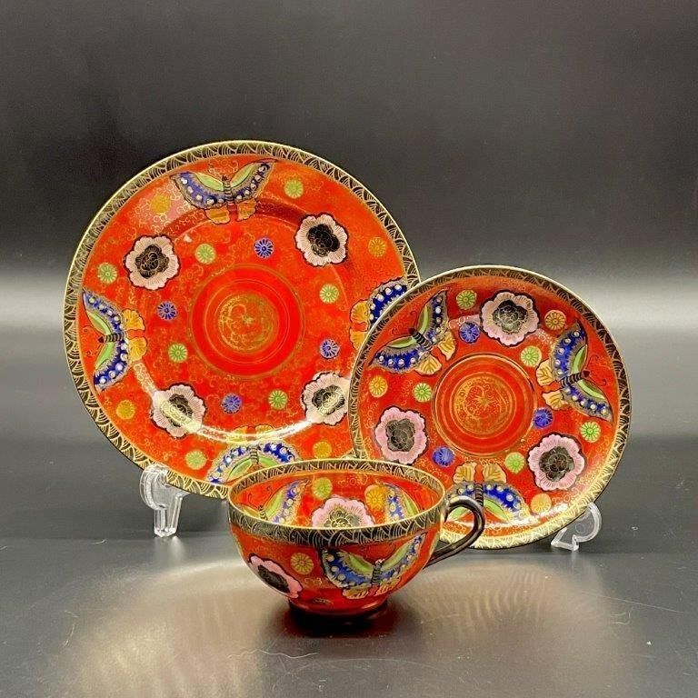 里帰り 大日本 宮島 朱金花蝶図 カップ ＆ ソーサー トリオ ニッポン ノリタケ ティーセット カップ 赤に金彩 蝶