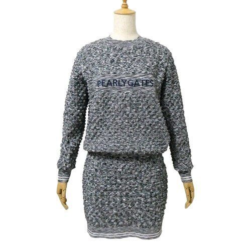 （美品）パーリーゲイツ、凸凹編みニットセーターとスカート、セットアップ、サイズ0 2023 パーリーゲイツ 美品 凹凸編み ニット セットアップ グレー系