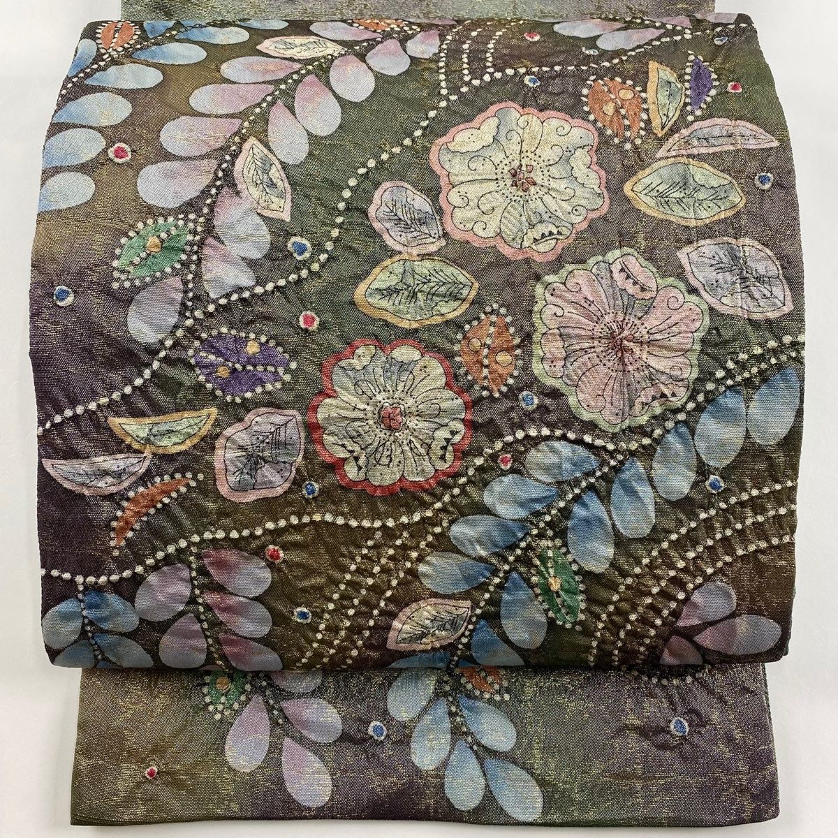 袋帯 太鼓柄 作家物 辻ヶ花 25M103f 袋帯 美品 名品 落款 辻が花 箔 銀糸 緑 お太鼓柄 正絹 【中古