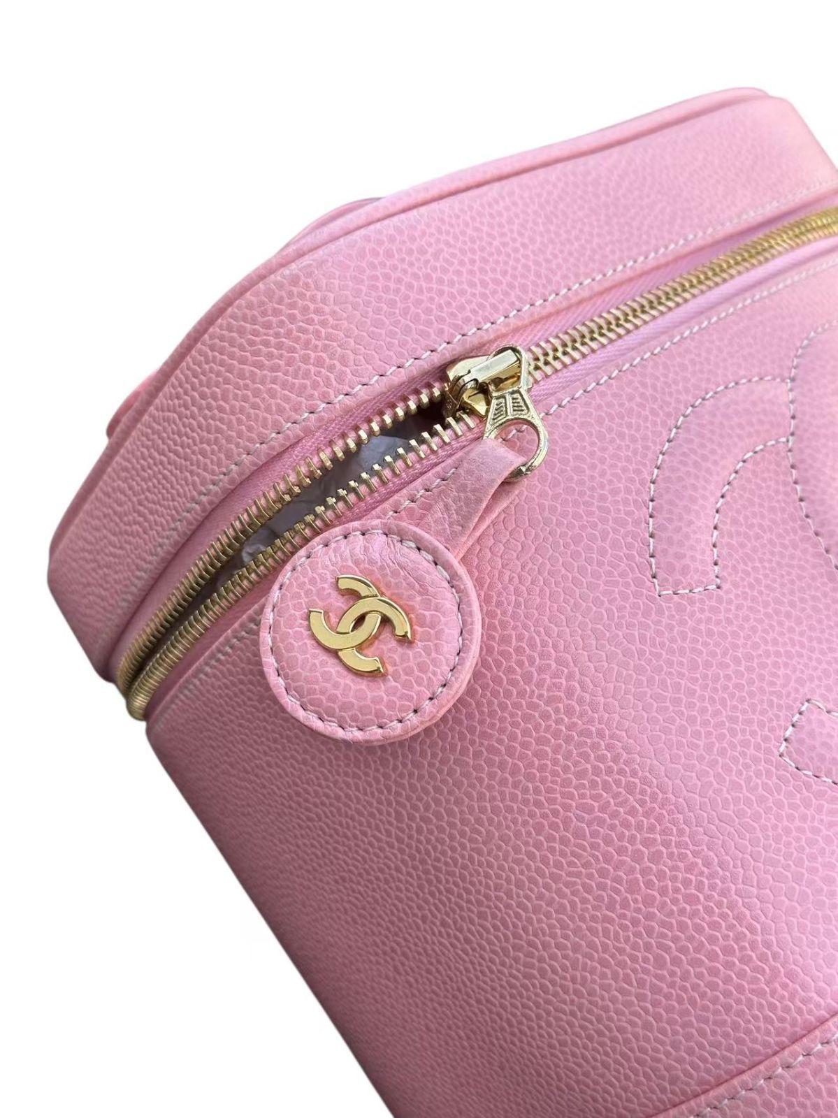 ◆本物シャネルCHANELヴィンテージVintageココマークCCゴールドG金具バニティコスメハンドバッグポーチキャビアスキン化粧箱ピンク金