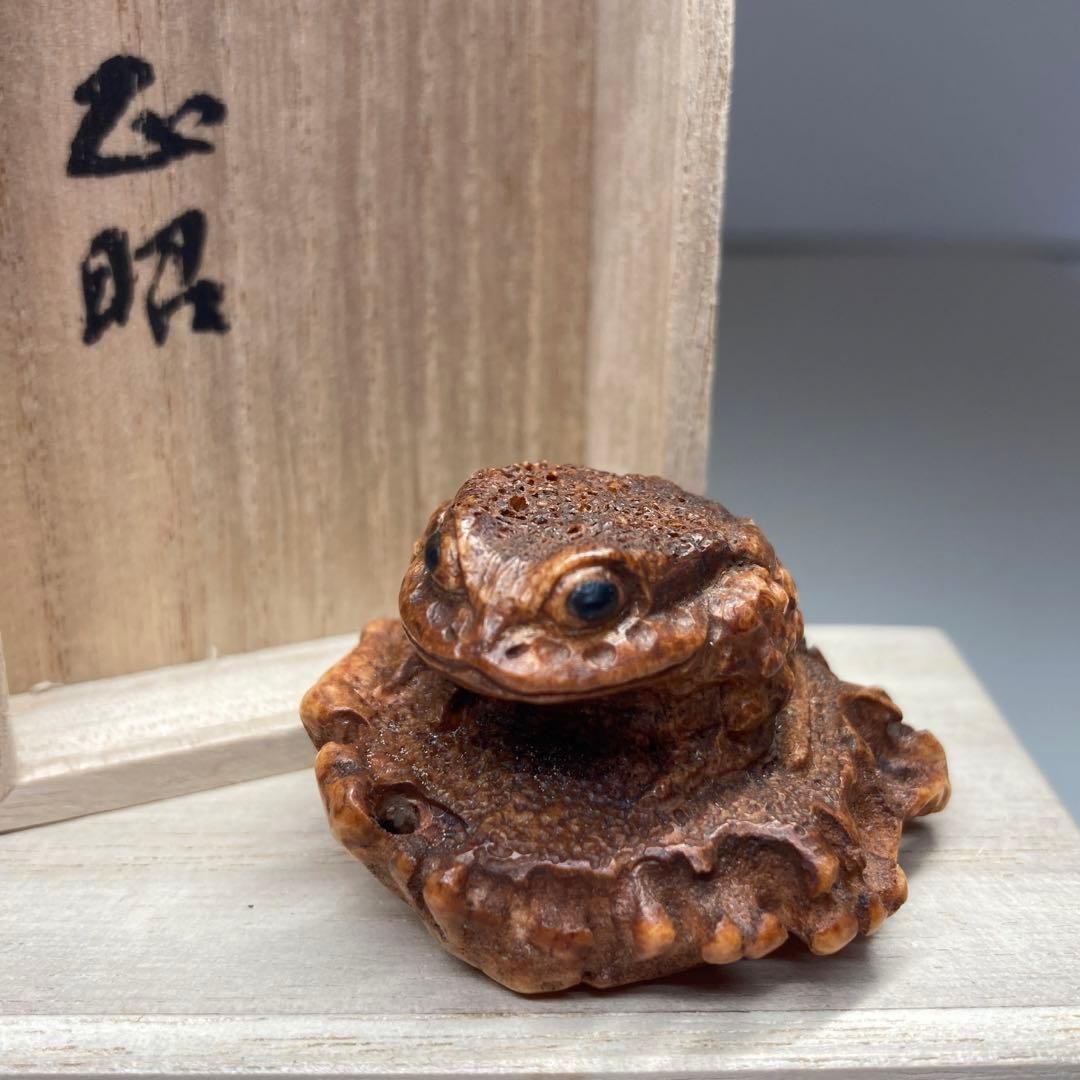 在銘 正昭 蓮の上の蛙根付 木 25g 本Y6-0115 トコサ
