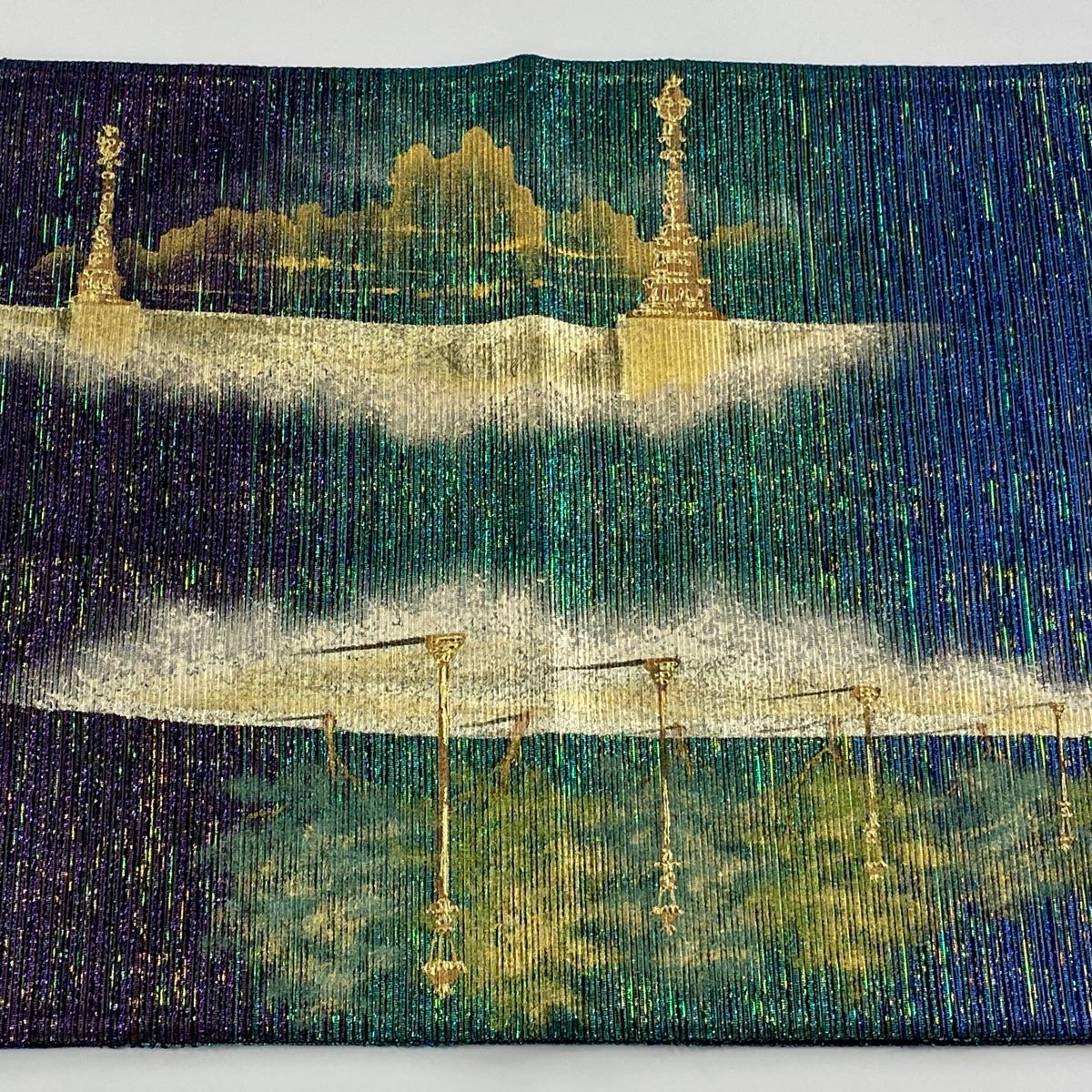 袋帯 美品 逸品 凱旋門 樹木 金銀彩 箔 青 お太鼓柄 正絹 【中古