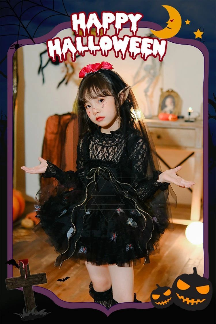 ハロウィン 仮装 女の子 魔女 黒 ハロウィーン衣装 コスプレ ワンピース パニエ付き ブラック 可愛い ミミ飾り付き 髪飾り キッズ コスチュ
