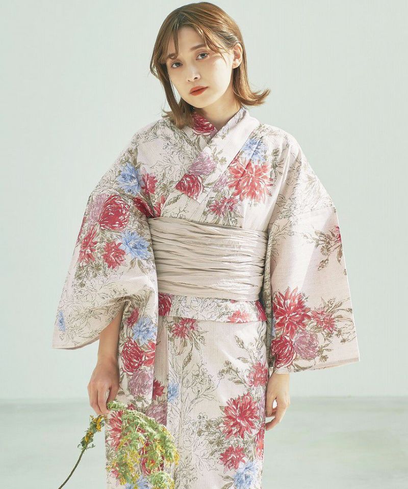 Dita 浴衣 浮世の花重ね 5点セット＋α(セージグリーンのしわ兵児帯付き