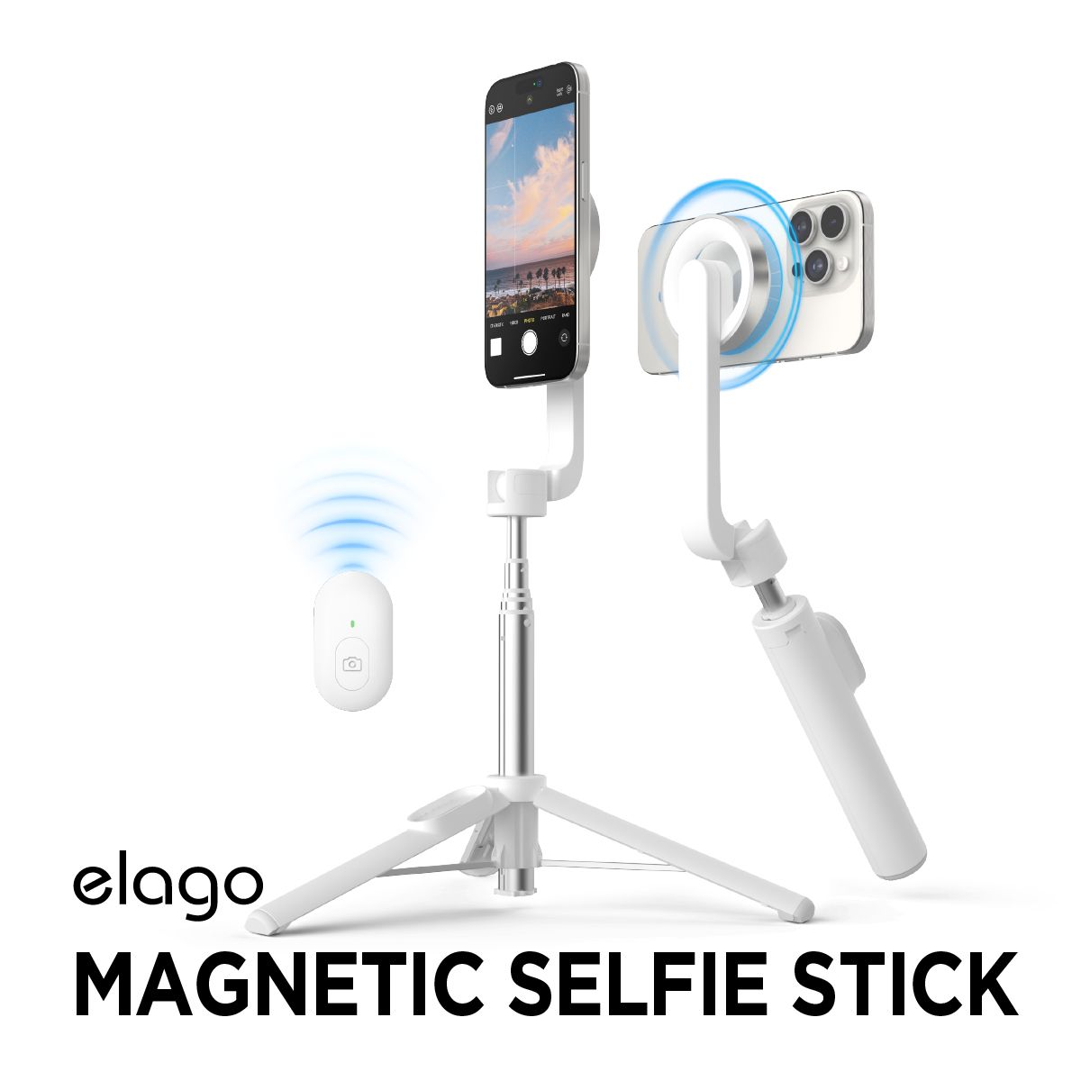 スマホ 用 自撮り棒 三脚 リモコン付き コンパクト 収納 ミニ スマホスタンド MagSafe 対応 iPhone 他各種 スマートフォン 対応 elago MAGNETIC SELFIE STICK