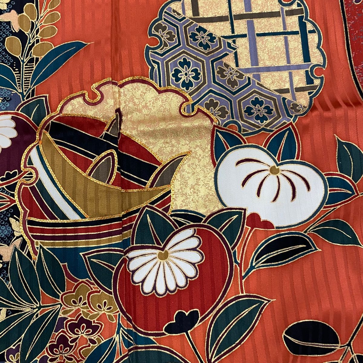 振袖 身丈167.5cm 裄丈67.5cm L 袷 雪輪 橘花 金糸 金彩 茜色 正絹 秀  