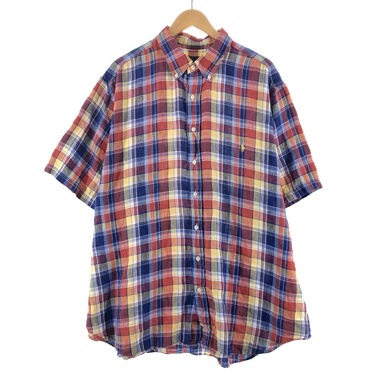 古着 ビックサイズ ラルフローレン Ralph Lauren RALPH LAUREN チェック柄 ボタンダウン 半袖 リネンシャツ メンズXXXL/eaa371425