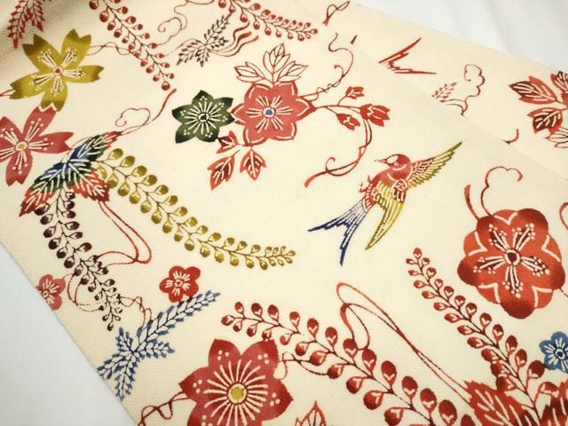 平和屋着物●九寸名古屋帯　紅型　花鳥文　鬼しぼ縮緬　正絹　逸品　CAAY9639hy 平和屋着物○九寸名古屋帯 紅型 花鳥文 鬼しぼ縮緬 正絹 逸品