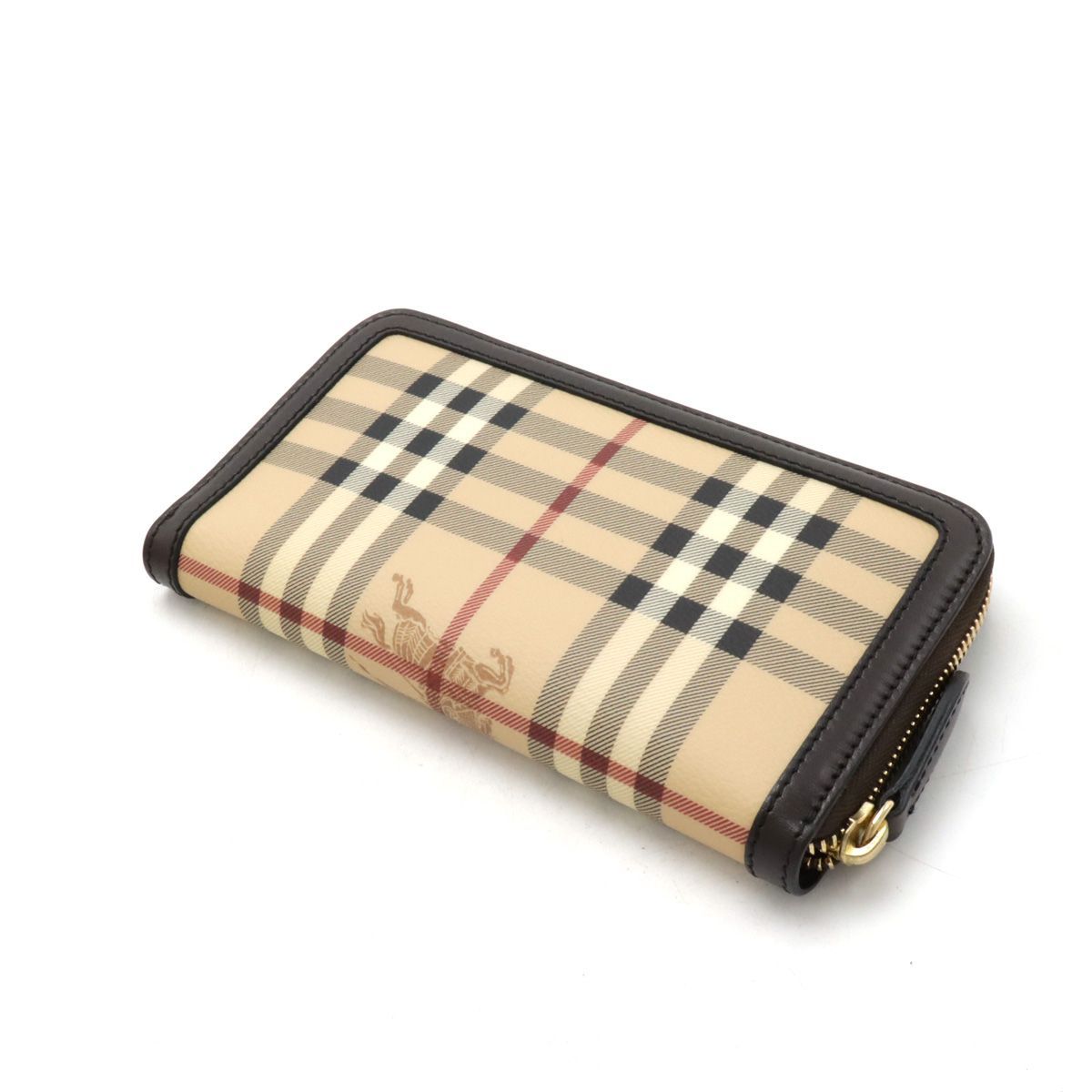 BURBERRY バーバリー シャドーホース チェック柄 ラウンドファスナー 長財布 PVC レザー ベージュ ダークブラウン ボルドー ゴールド金具  - メルカリ