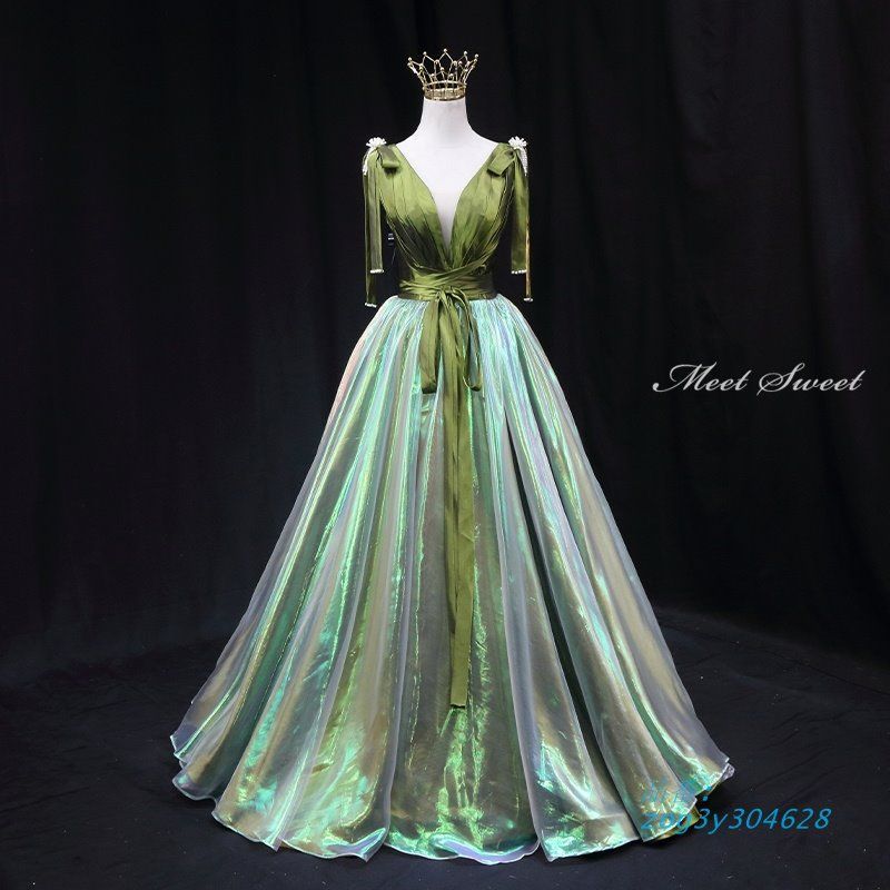 ドレス ロングドレス プリンセスドレス グリーン リボン 結婚式 発表会 コンサート ウエディングドレス 演奏会 袖なし 二次会 ウェディングドレス 光沢 zog3y304628