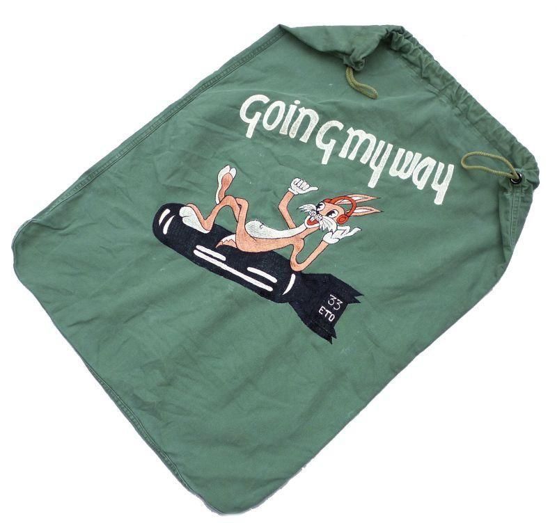 実物米軍ランドリーバッグ 手振りミシン刺繍 リメイク 大型巾着