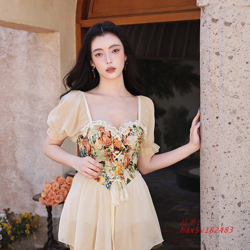 水着 レディース 体型カバー 20代 30代 40代 リゾート フリル リボン プール パフスリーブ 露出控えめ スリーブ シアー 花 ワンピース水着 海 スカート hax5v182483