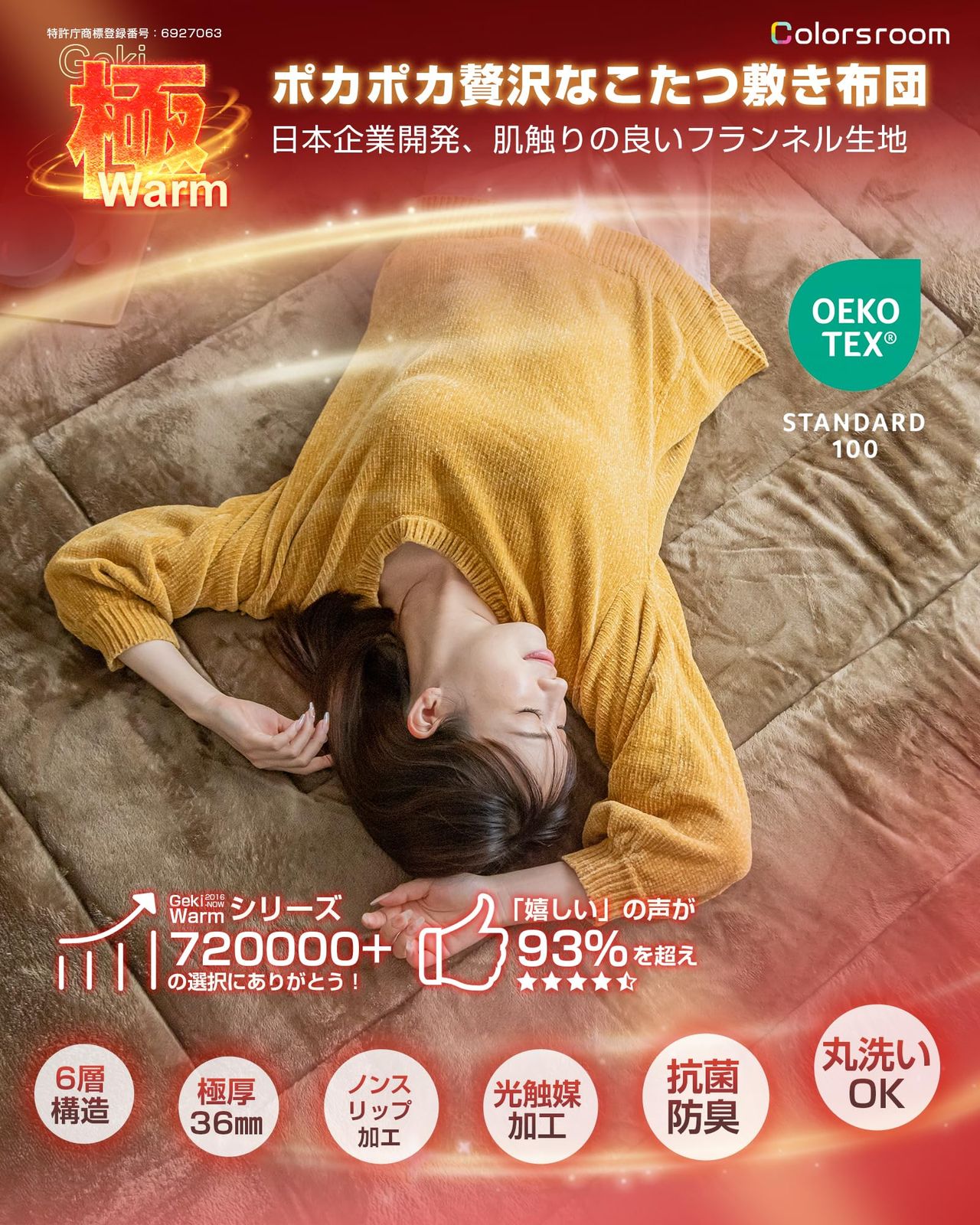 Colorsroom こたつ敷布団 正方形 厚ラグ 190×190cm 6層構造 厚36㎜×CR-21吸湿発熱綿 コタツ敷布団 冬用 フランネル生地 あったか 厚手 滑り止め付き 床暖房対応 防音遮音 こたつ敷き布団 ラグ 2畳 カーペット おしゃれ