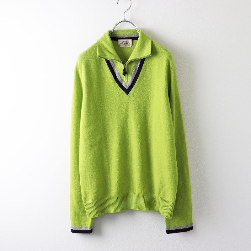 プ*読様 HERMES 薄緑 カシミア100%ジップアップ ニットメンズです。 メンズ エルメス HERMES カシミヤ100% ライン入 ハーフジップ