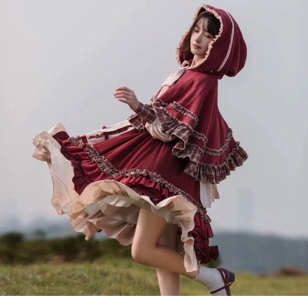 ロリータひざ丈チェック柄ワンピース＆ケープセット♪♪普段着女子会