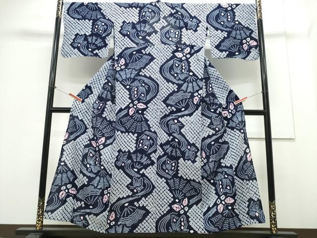 平和屋着物∴夏物 浴衣 有松鳴海絞り 流水扇舞蝶文 綿 CAAY4621ng