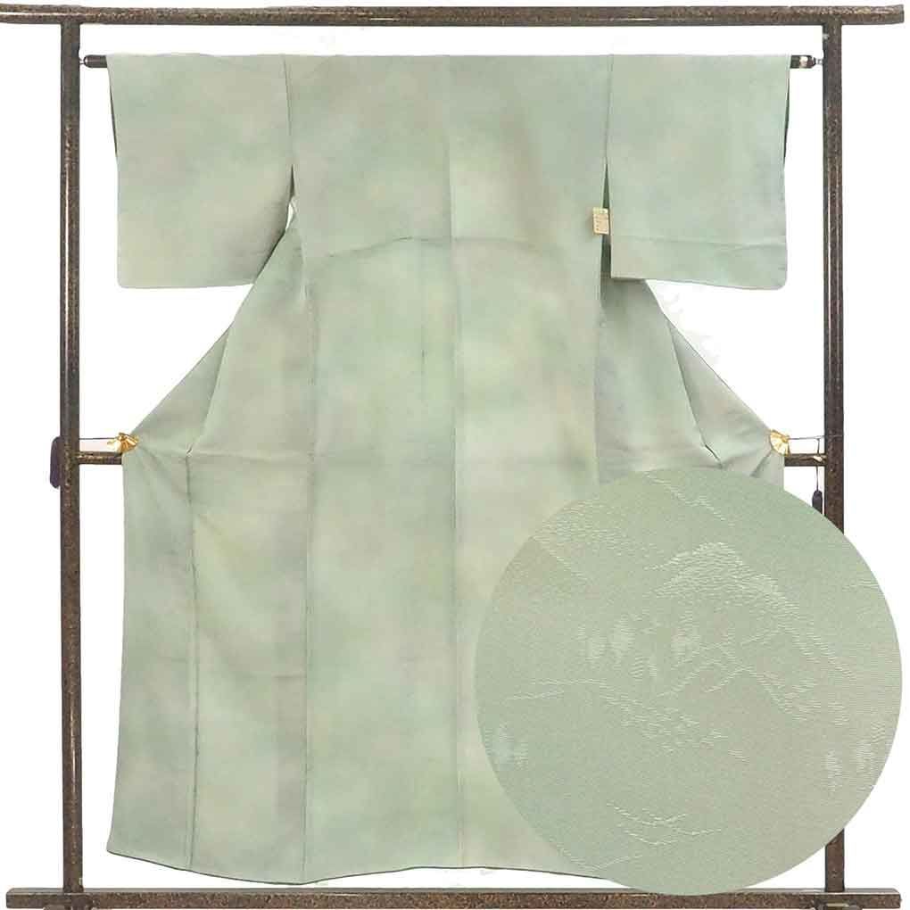 色無地 身丈156cm 裄63cm 前幅22.5cm 後幅29.5cm 袖丈44cm 袖幅32cm レディース 袷 ぼかし 裄Mサイズ 秋冬春用 正絹 シルク グリーン ♥品 リメイク リユース リサイクル 呉服のきくや