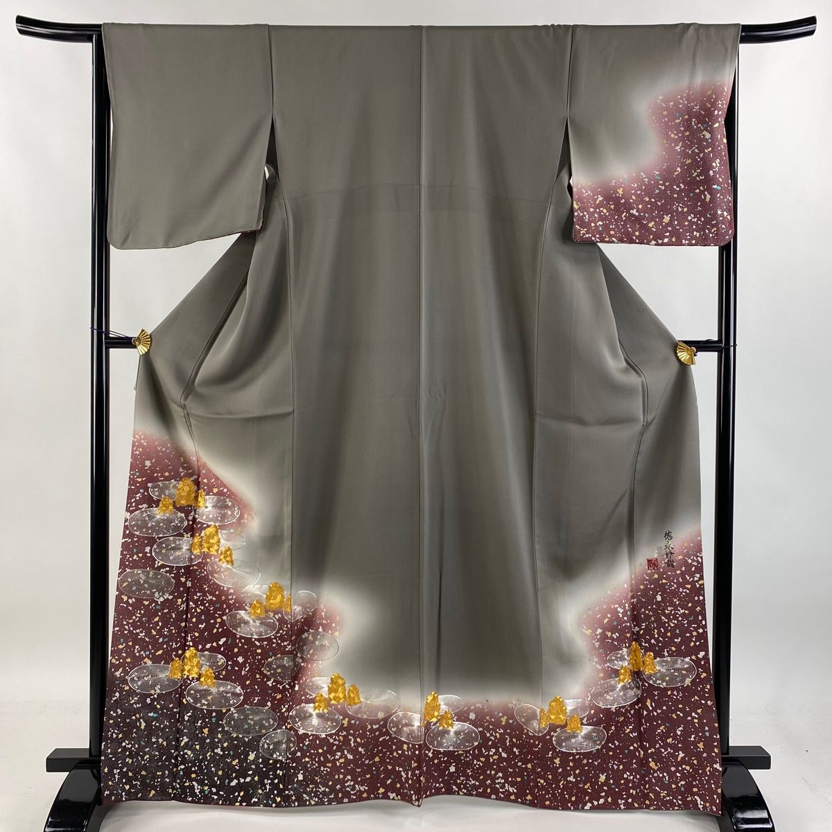 平和屋本店□極上 訪問着 螺鈿 枝花文 暈し染め 黒地 金銀彩 逸品