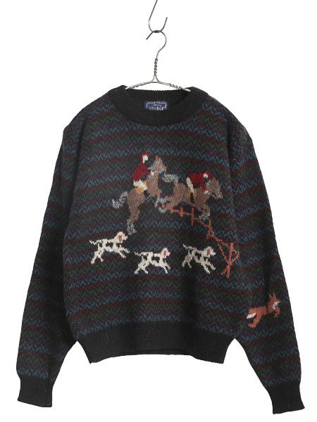 なクーポン配布中! 80s ウールリッチ デザイン ニット セーター レディース M 程| 古着 旧タグ ヴィンテージ 乗馬 絵柄 ドッグ アニマル ウール マルチカラー