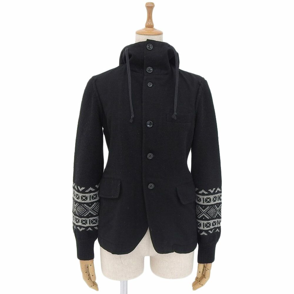 ブラックコムデギャルソン  フード ウールジャケット 背面ギャザー 黒　L ブラック コムデギャルソン BLACK COMME des GARCONS ウール