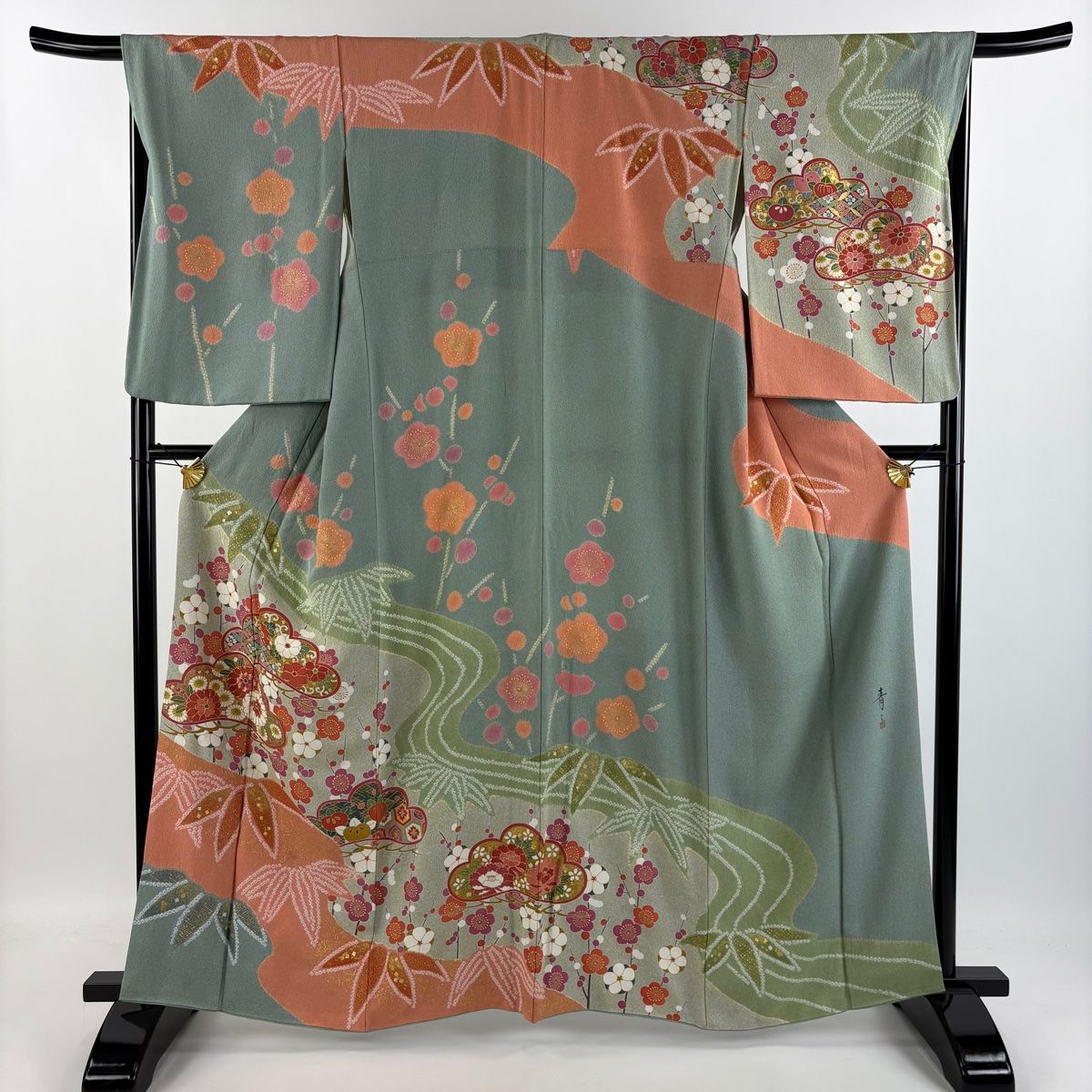 訪問着 身丈162cm 裄丈67.5cm L 袷 松井青々 落款 松竹梅 菊