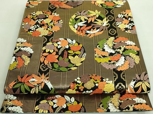 平和屋着物■極上　西陣　河合美術織物謹製　六通柄袋帯　唐織　松ぼっくり　雪輪　黒地　金糸　逸品　DZAA9717kh5 平和屋着物□極上 西陣 河合美術織物謹製 六通柄袋帯 唐織 松ぼっくり