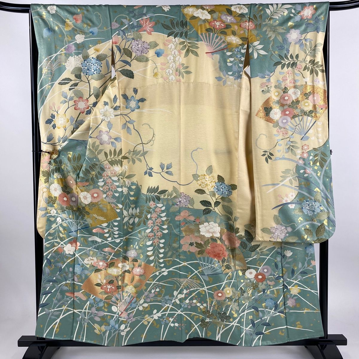 振袖 身丈158cm 裄丈65cm M 袷 扇 草花 金糸 金彩 薄緑 正絹