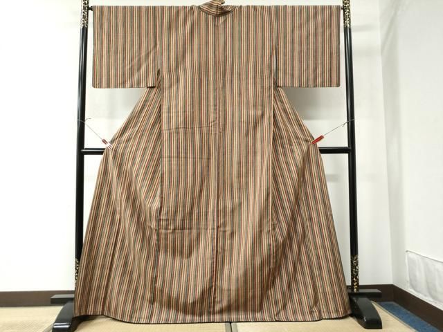 平和屋着物●上質な小紋 紬地 型染め 縞 正絹 CAAW8419yc