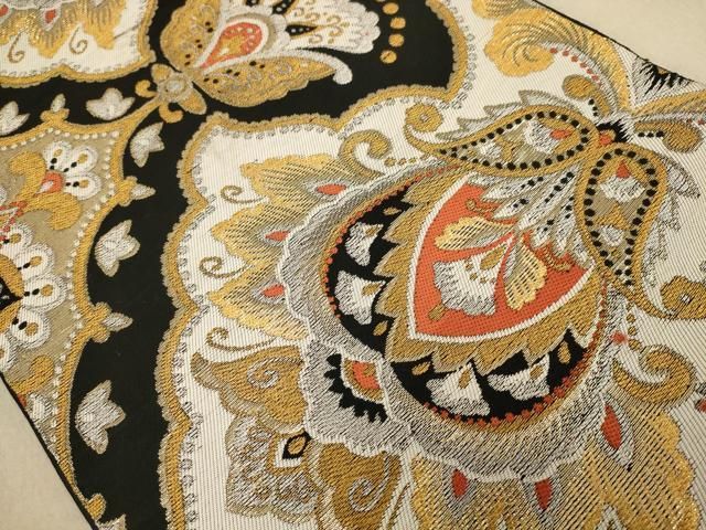 【美品】単衣の小紋　更紗花文　鬼しぼ縮緬　正絹　バチ衿　六通袋帯　葡萄蔓文様 美品】単衣の小紋 更紗花文 鬼しぼ縮緬 正絹 バチ衿 六通袋帯