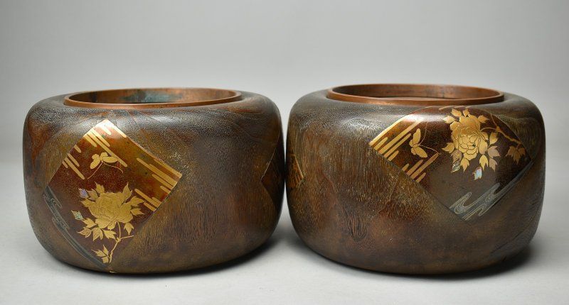 蔵A5318 時代 光琳蒔絵火鉢 一対 明治期