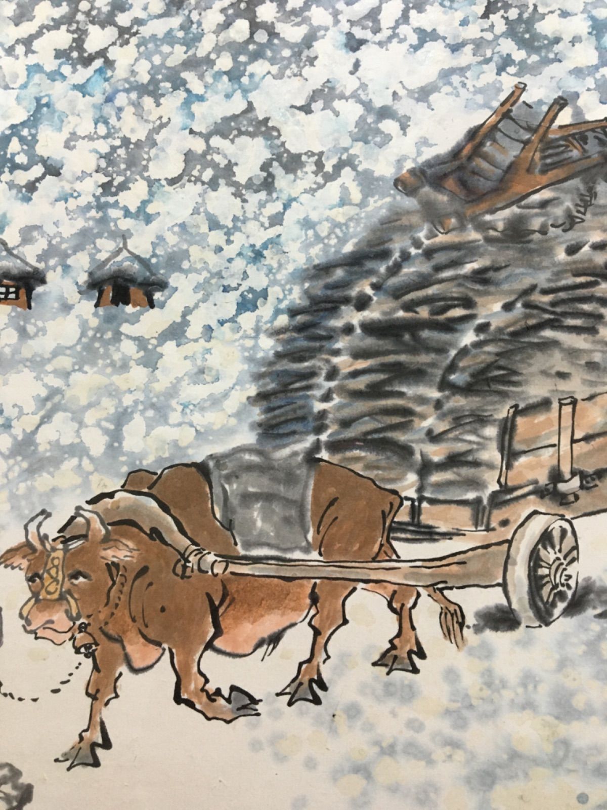 日本画　水墨画　牛車を引いた人