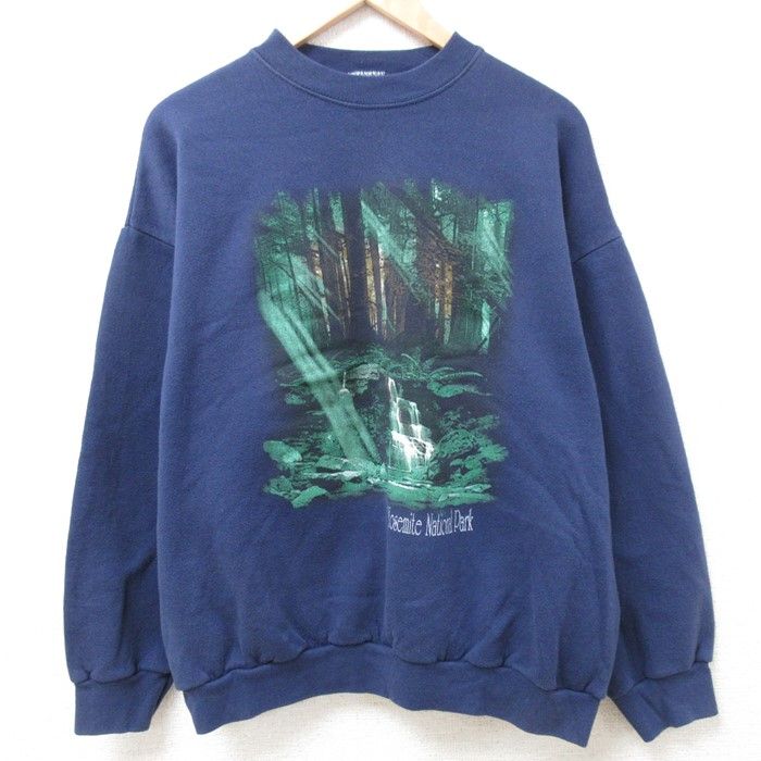 L/古着 TULTEX 長袖 スウェット メンズ 90s ヨセミテ国立公園 クルーネック 濃紺 ネイビー spe 24jan26 中古 スエット トレーナー トップス