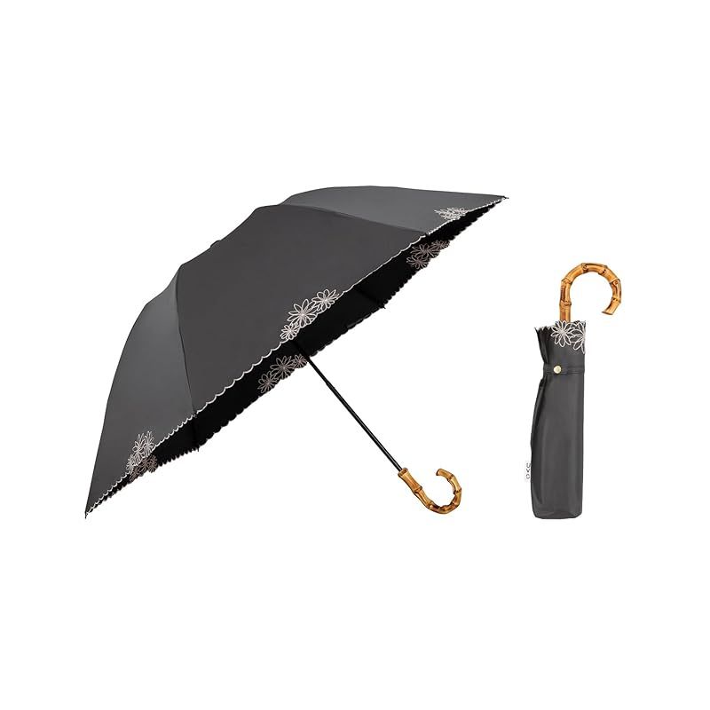 Wpc. 最強の日傘 UVO ウーボ 折りたたみ傘 3段 刺繍フラワー ブラック 遮光率＆UVカット率 UPF50＋ 遮熱 晴雨兼用 親骨55cm レディース バンブー おしゃれ 女性 UVO3F-015
