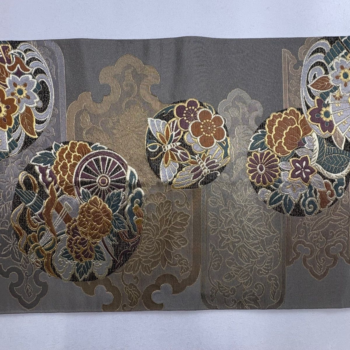 袋帯 美品 秀品 落款 御陵織 華文 向かい鳥 金糸 箔 青緑 六通